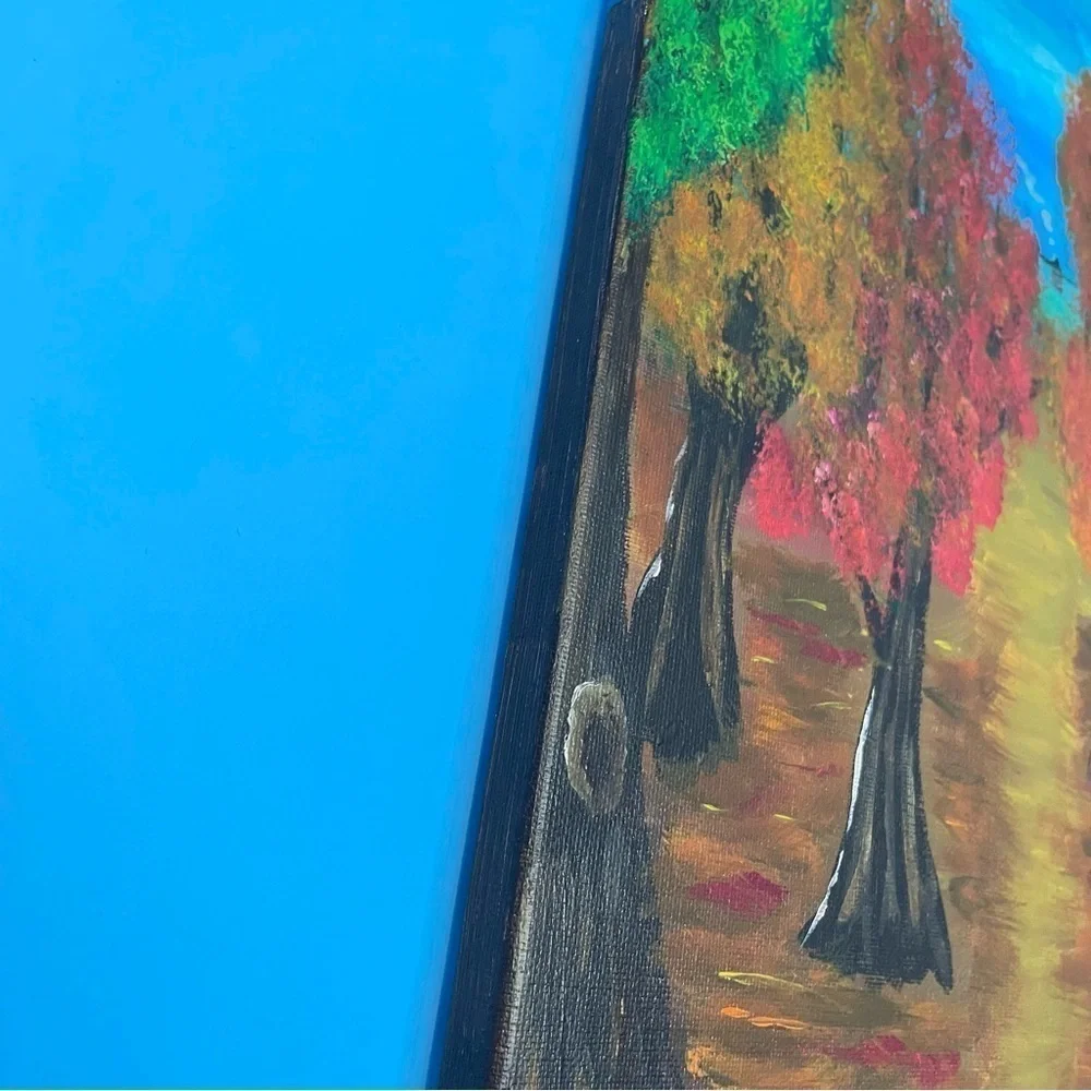 Original acrylic painting of a tree-lined path through the woods to a log cabin